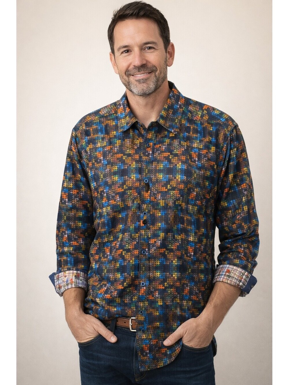 Robert Graham Shirt Men's 2XL Multicolor Abstract Geometric Flip Cuff Button-Up